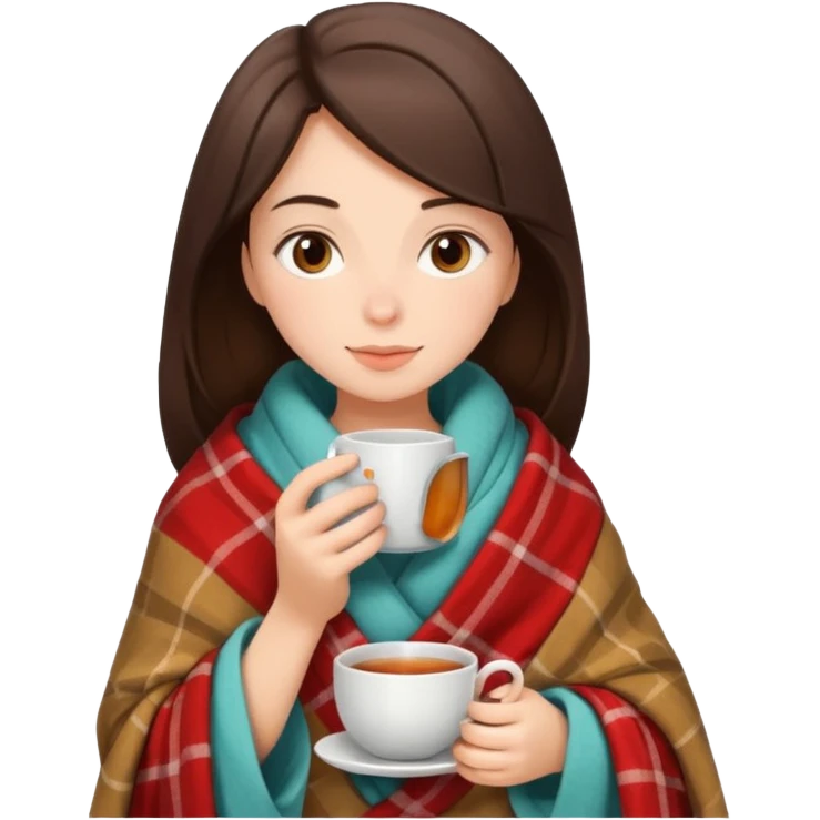 Brunette girl in blanket tea relaxing emoji
