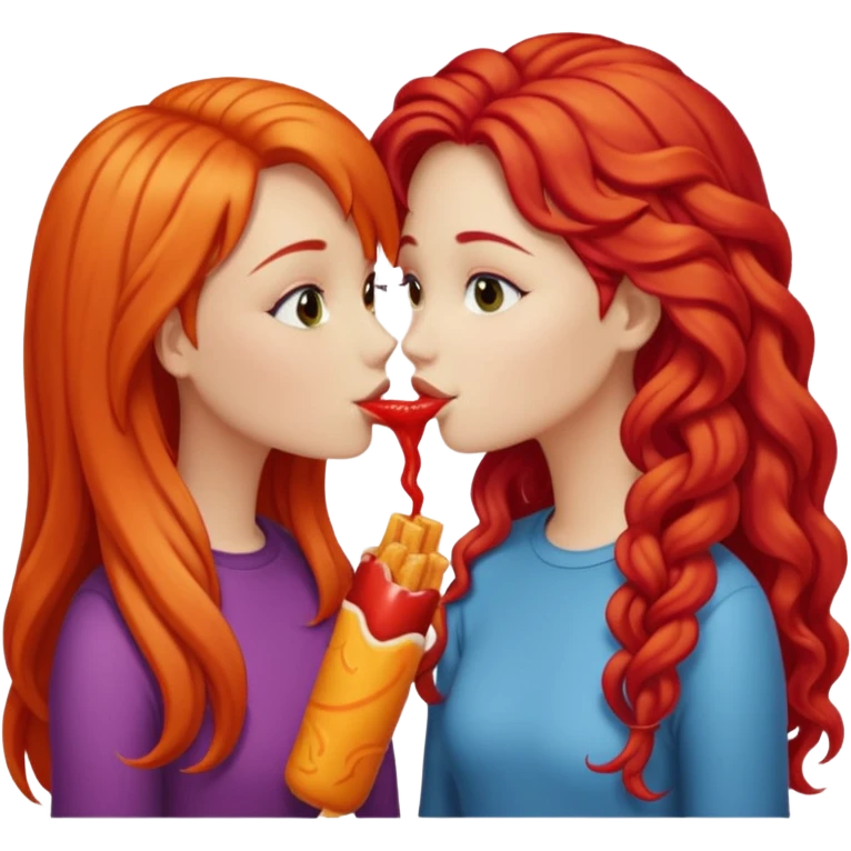 two girls kissing, one with long straight hot cheeto  red hair, the other with long curly blonde hair emoji