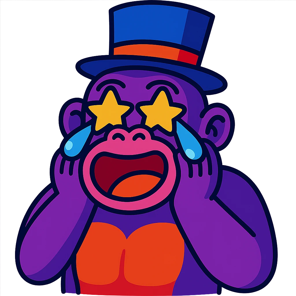Make the purple gorilla with star eyes and tophat laugh with tears, keep the vibrant colorful style, and maintain transparent background. emoji