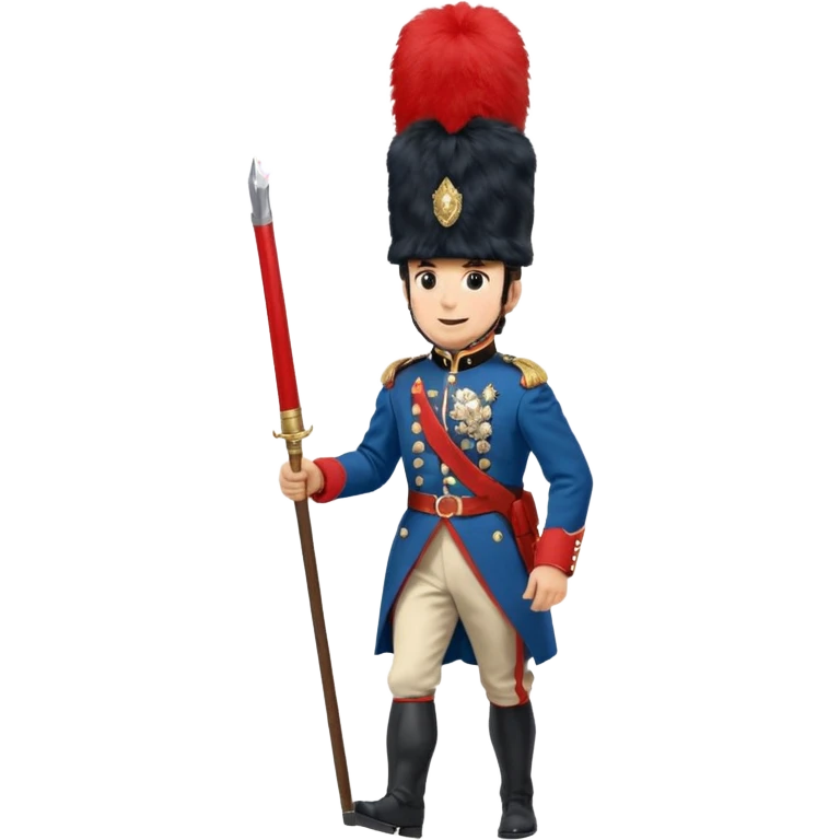 Vieille Garde soldier Napoleonic era marching blue and red uniform tall bearskin hat cheerful emoji
