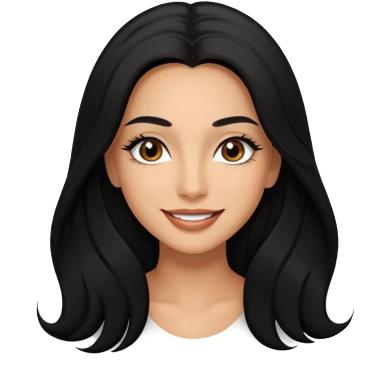 Lightly tan woman with black long hair brown eyes full lips smiling and dramatic long eyelash extensions emoji