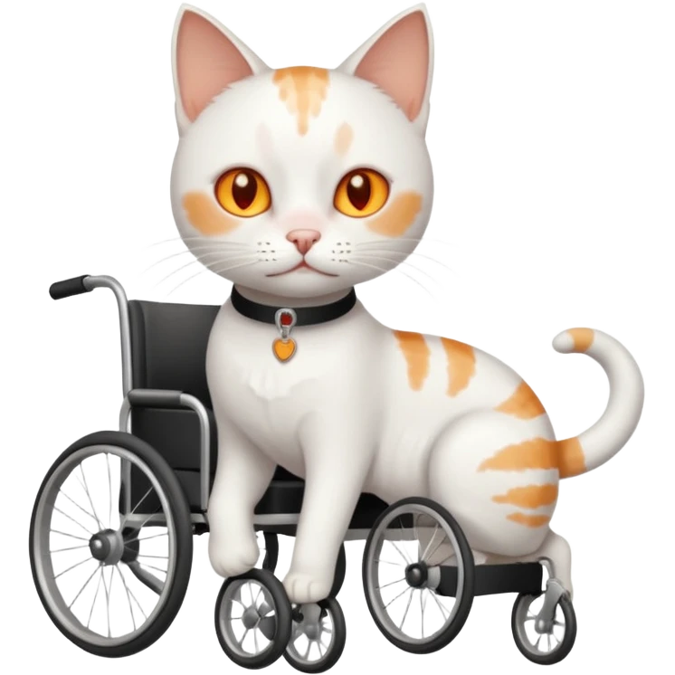 full body small short hair ginger and white cat with orange eyes walking in a wheelchair for cats emoji
