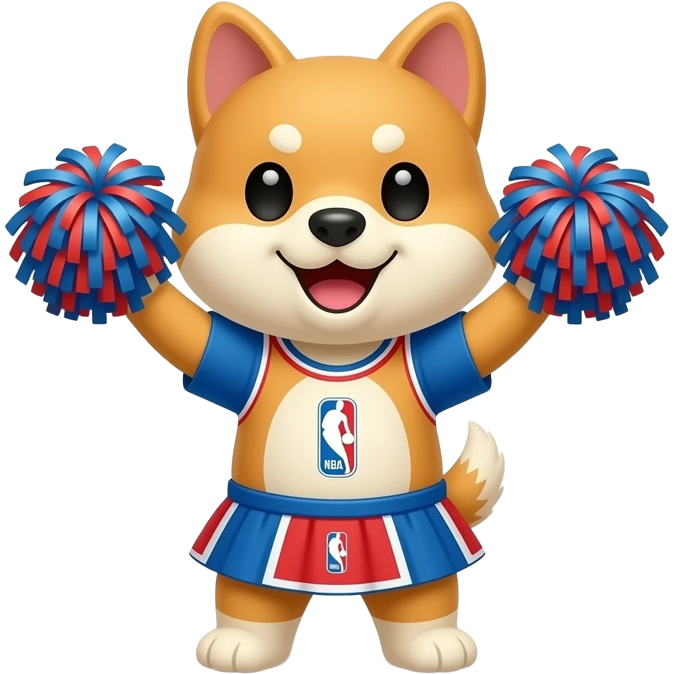Hachiko dog in chibi cute animation as nba fans cheeringbwith pom poms qearing skirt emoji