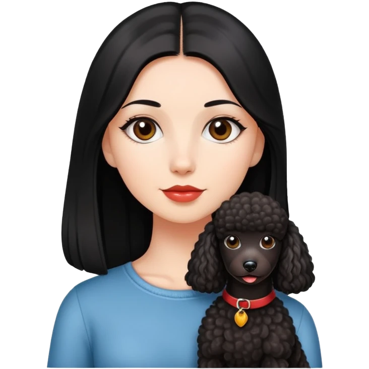 A beautiful girl with fair skin has long straight black hair and a miniature reddish-black Poodle. emoji