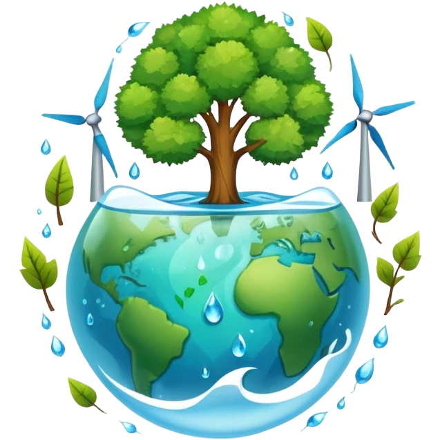 An icon featuring a green Earth, a tree, and recycling symbols, symbolizing ecology. The design includes animals, water droplets, and wind turbines, representing the study of ecosystems, conservation, and environmental protection. Transparent background. emoji