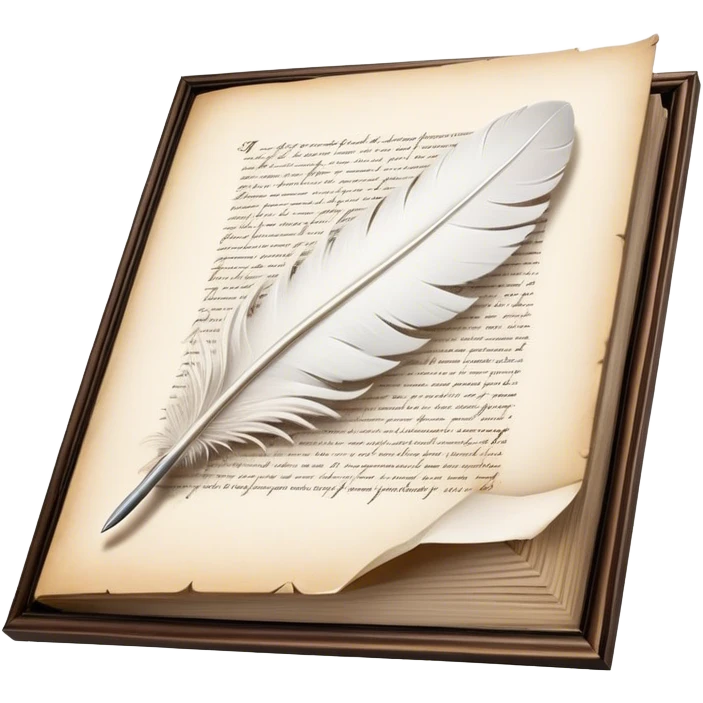 Create a poetic and elegant emoji representing poetry. The design should feature several, gracefully flying pages with short, poetic columns written on them. A white feather quill should be depicted writing on one of the pages, with ink flowing smoothly. The pages should have a soft, antique look, with subtle details to convey the delicate nature of poetry. Use soft, light colors with a romantic, airy feel. Make the background transparent. emoji