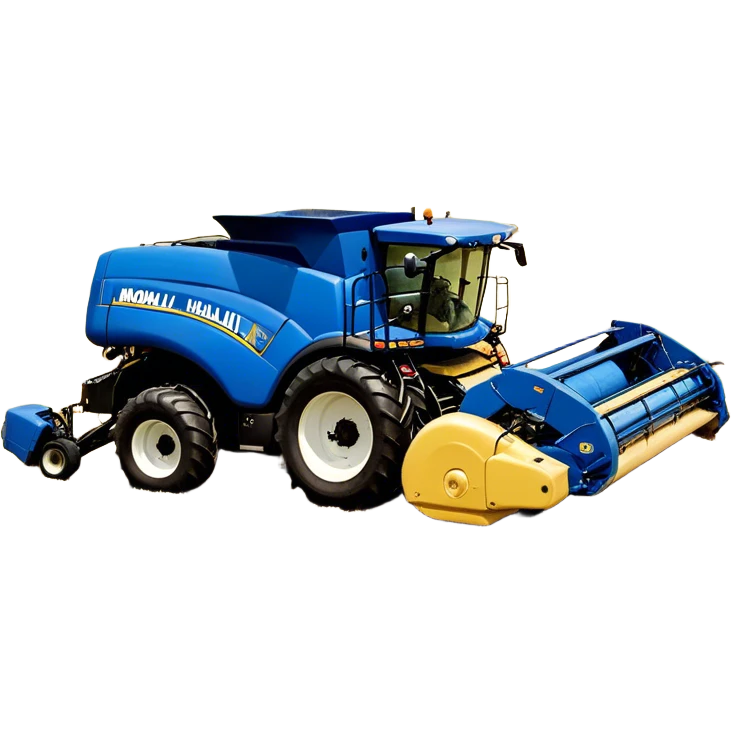 New Holland Roll-Belt 560 (2018) – Cinematic-realistic New Holland Roll-Belt 560 baler, its blue body steadily compressing golden hay into tight, round bales. The rhythmic motion of the machine continues as dust swirls in the afternoon heat, with rows of freshly cut grass stretching toward the horizon. emoji