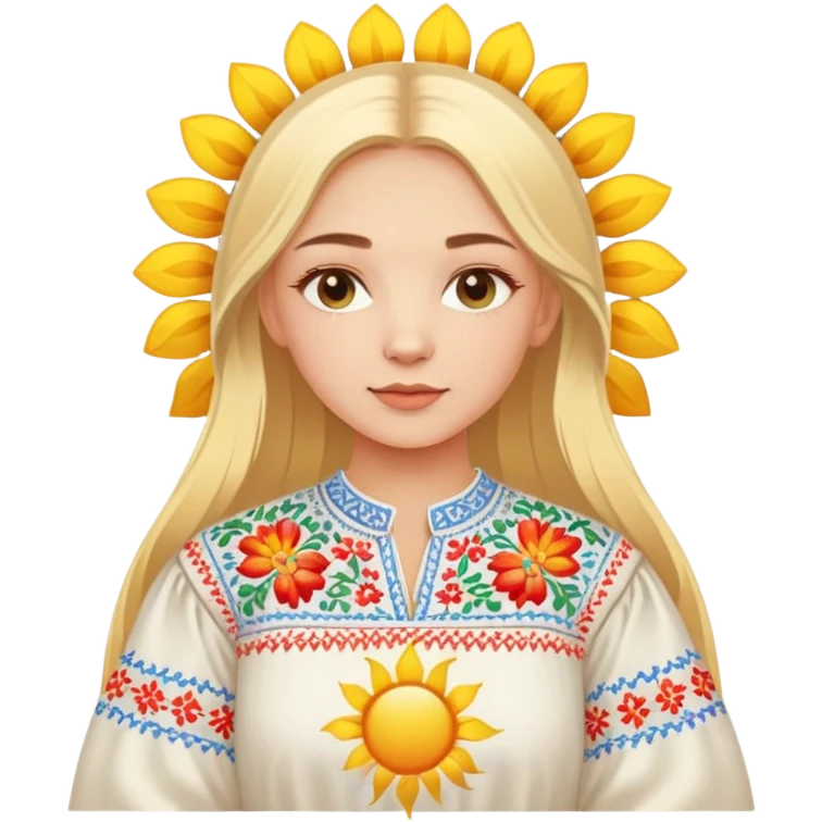 Ukrainian young girl with blonde hair wearing traditional vyshyvanka embroidered shirt holding a bright sun emoji
