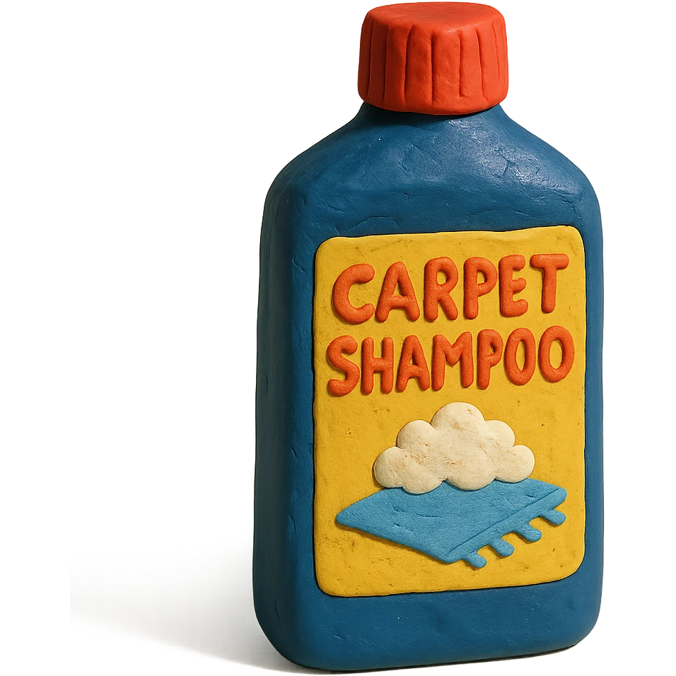 bottle of carpet shampoo with bright label and visible fingerprints, claymation style emoji