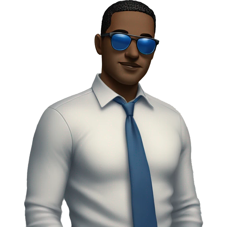 White Square face black hear, sharp features, clean-shaven, and a confident, relaxed expression. Wears a blue shirt and tie no jaket with sunglasses, standing casually by the water, giving off a stylish and modern vibe. With mostash and  emoji