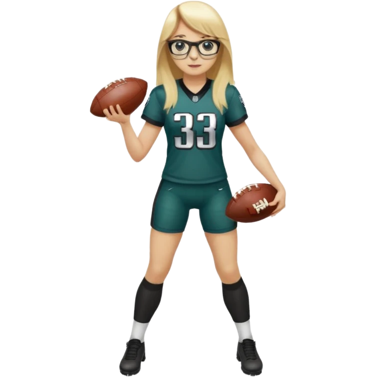full length women wearing eagles uniform, long blonde hair, straight bangs, black glasses, holding football, number 33 emoji