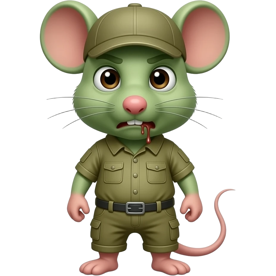 A little green mouse shaped like a little human dressed in khaki green, staring at us with a look of repulsive, he has vomit on his mouth. emoji