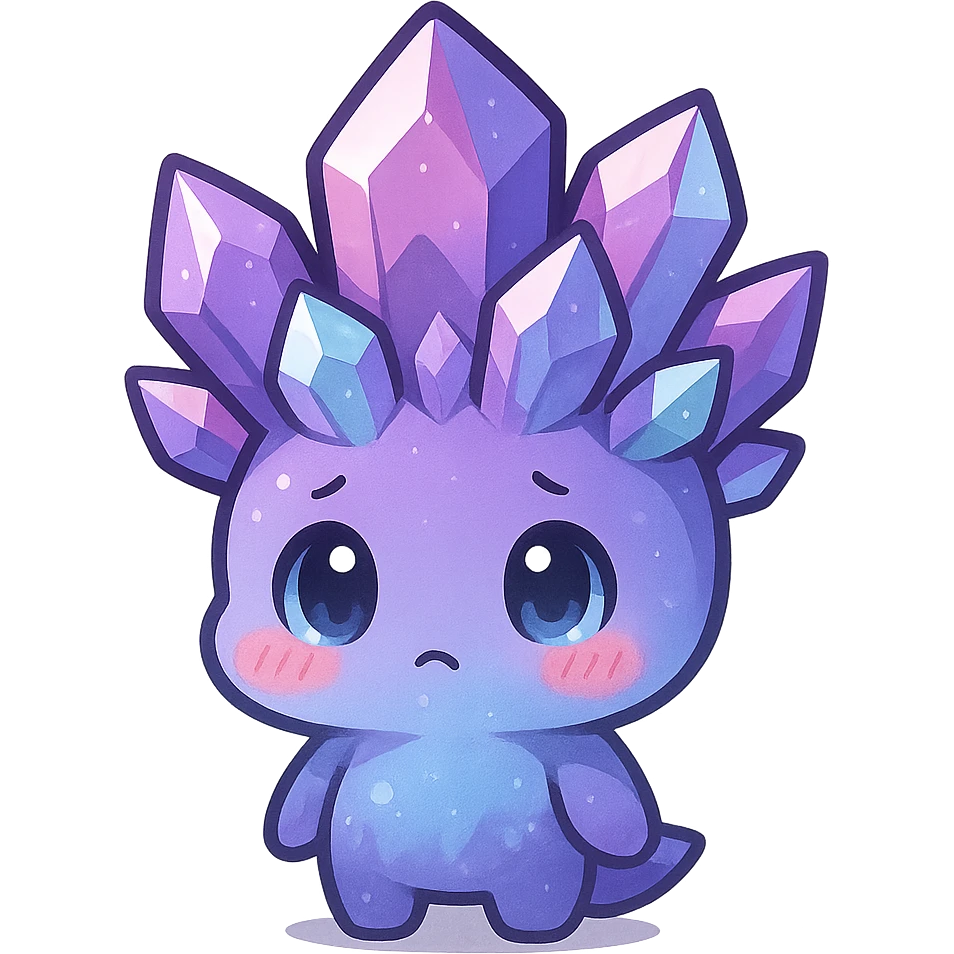 kawaii chibi style crystal sprite creature, purple, blue, and pink colors, shy expression, blushing cheeks emoji