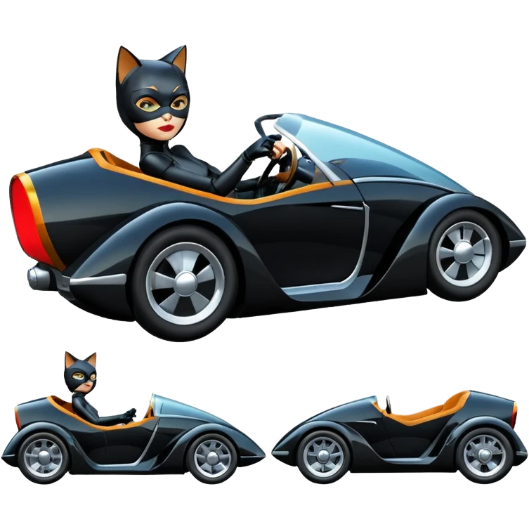 Hot rod comical Cat Woman’s stealth burglar sporty futuristic pursuit mobile two seater car (reclined seating position) emoji