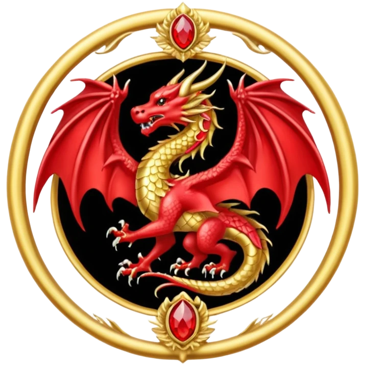 Golden dragon with wings crest / brosch in a circle with red gems and no background emoji