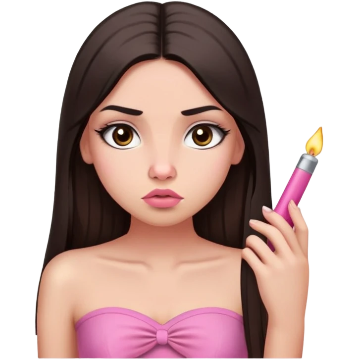 girl with lighter skin, dark brown long straight hair, pouty shiny lips without cupid's bow, large eyes, lighter button nose, long oval-shaped face, wearing a pink bandeau top with straight neckline, looking directly at camera with hands down at sides emoji
