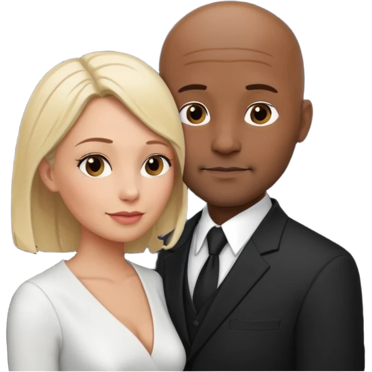 A romantically embracing 40-year-old couple. He is bald with a dark, stubble. She is a head shorter than him, and blonde. emoji