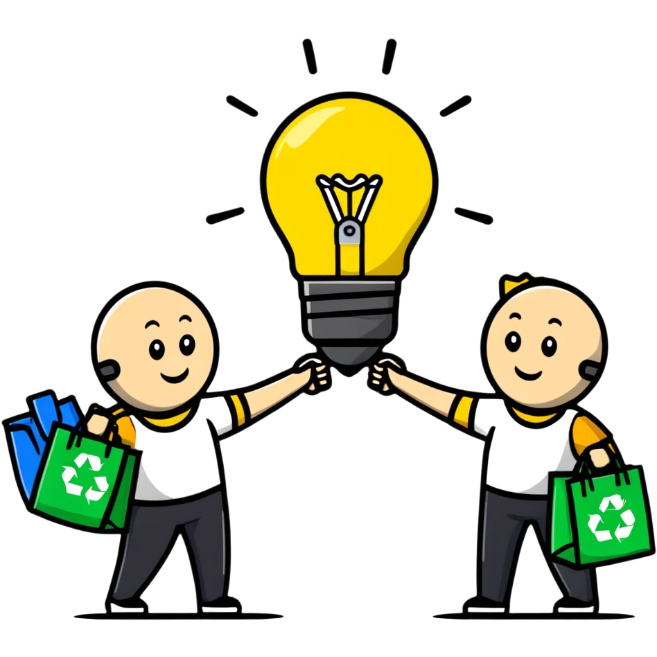 a lightbulb and a battery holding hands, each with recycling bags, walking to recycle emoji