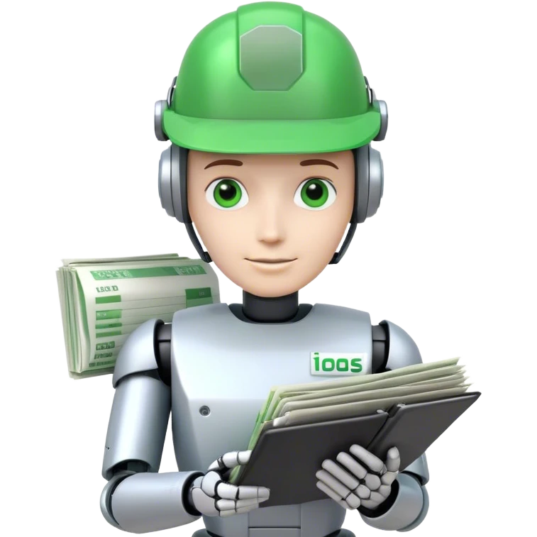 human like robot bookkeeper wearing an Green  dealer's visor  and holding spreadsheets emoji