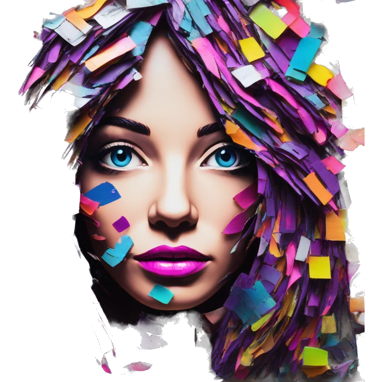 Colourful blacklight neon patchwork Person face portrait made entirely of multicoloured torn up magazines  emoji