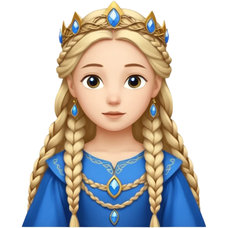 An emoji portrait of a medieval European princess. She wears a long-sleeved bliaut dress in a vibrant blue color, with a delicate golden circlet on her head. Her hair is braided in long tresses, and her expression is gentle and pious. emoji