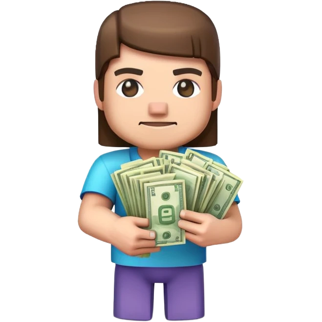 emoji style icon, minecraft blocky character holding a stack of money, pixel art style, bright colors, simple background, 3D glossy emoji, centered composition, soft shadow, high detail, clean outline, white background emoji