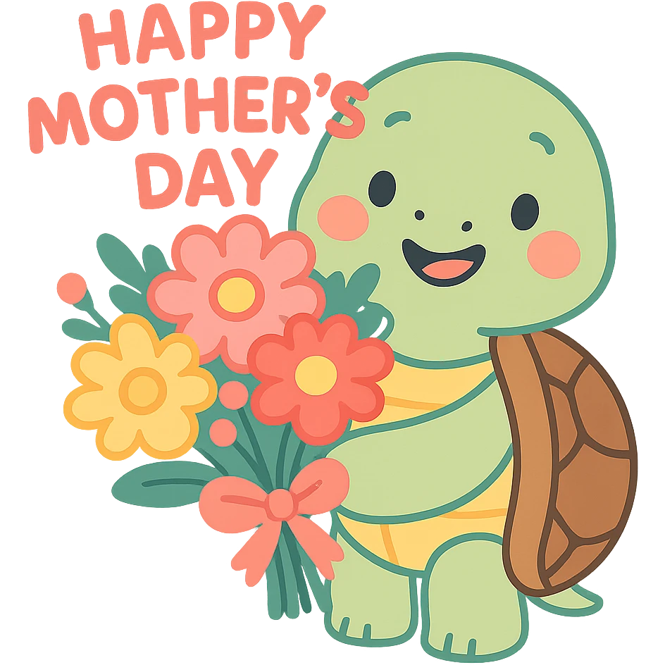 cute turtle holding a bouquet of flowers, pastel colors, Mother's Day theme emoji