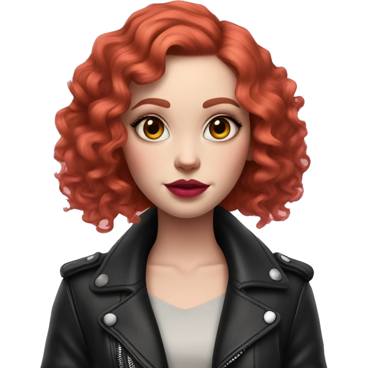 Girl with very pale skin, with bright red curly bob hair that is parted on the side, heavy eye makeup, cat eyeliner, long eyelashes, bright pink blush and bright pink lipstick.  Her eyebrows are dark, arched and very high. Wearing a leather jacket  emoji