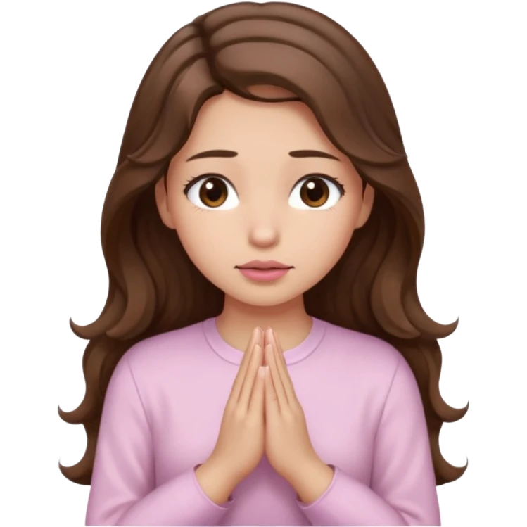 girl with wavy long brown hair, brown eyes, light to medium complexion, long lashes, light pink lipstick, praying, wearing light pink shirt emoji