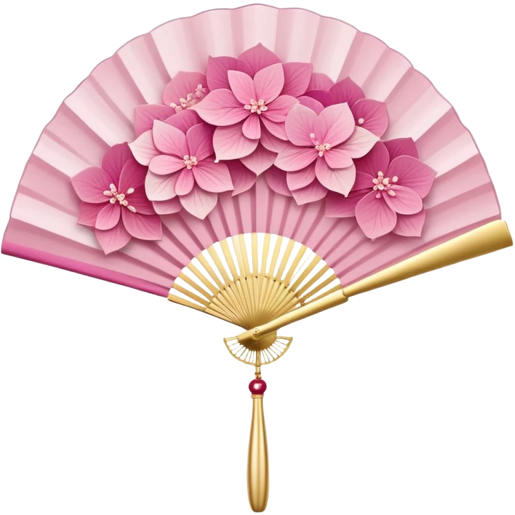 Japanese style pink hydrangea (ajisai) flower arranged like traditional uchiwa fan design, with gold accents, rinpa style pattern background, elegant composition emoji