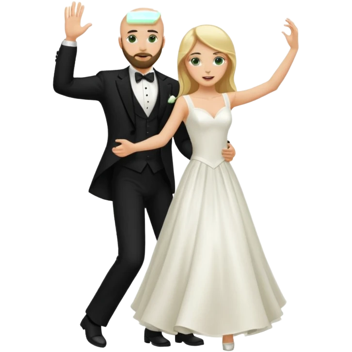blonde haired green eyed bride and bald headed groom with dark beard dancing emoji