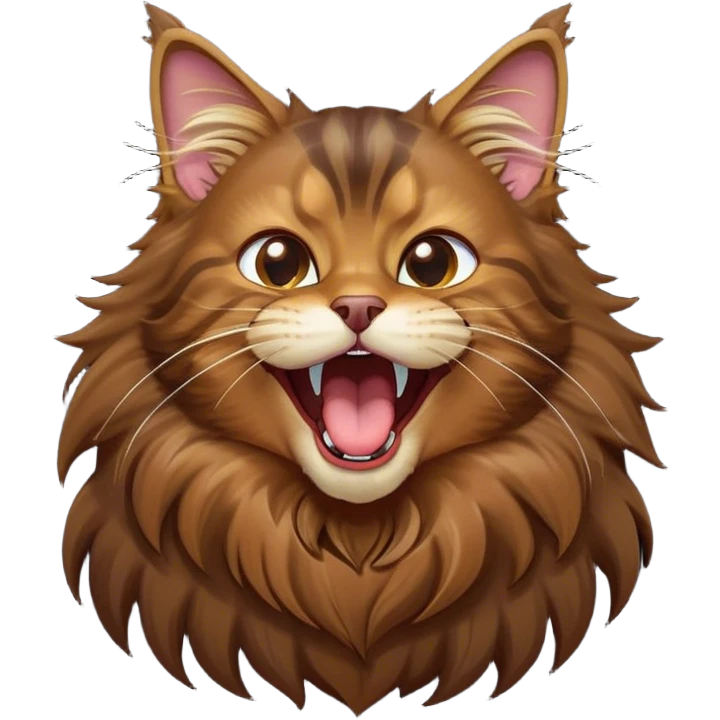 Cinematic Cute Brown Maine Coon Cat Portrait Emoji, Head tilted playfully while yawning exaggeratedly, sleek brown and black fur with a majestic mane, Simplified yet hilariously adorable features, highly detailed, glowing with a warm, confident glow, high shine, mischievous yet lazy, stylized with a touch of playful whimsy, bright and endearing with a comical, yawning expression, soft glowing outline, capturing the essence of a quirky yet loving and lazy kitty, so meme-worthy it feels like it could stretch out of the screen and demand attention in the most dramatic way! emoji