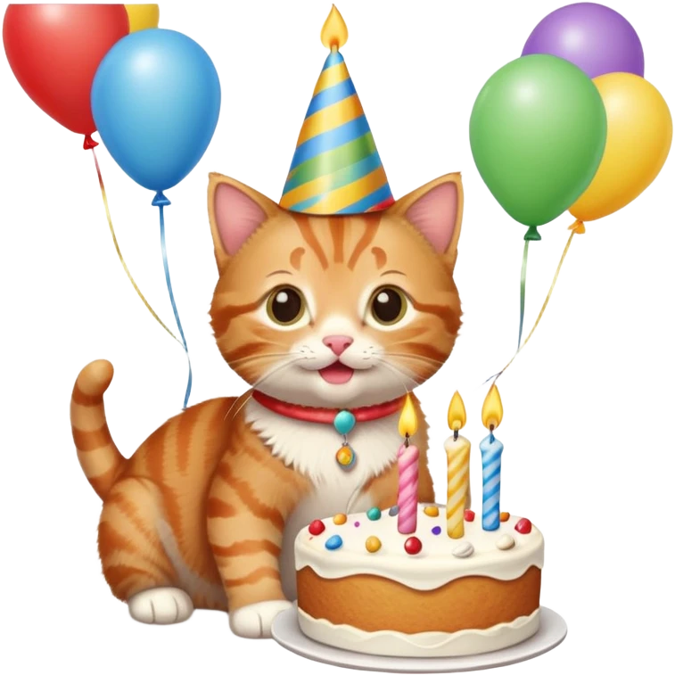 Ginger tabby kitten celebrates birthday, birthday hat, birthday cake, one candle, balloons, happy, gifts emoji