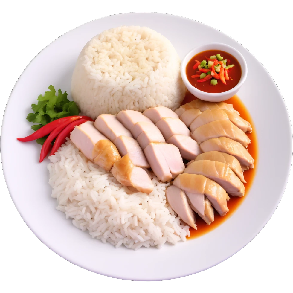 Singapore chicken rice with sliced poached chicken, fragrant rice, and chili sauce emoji