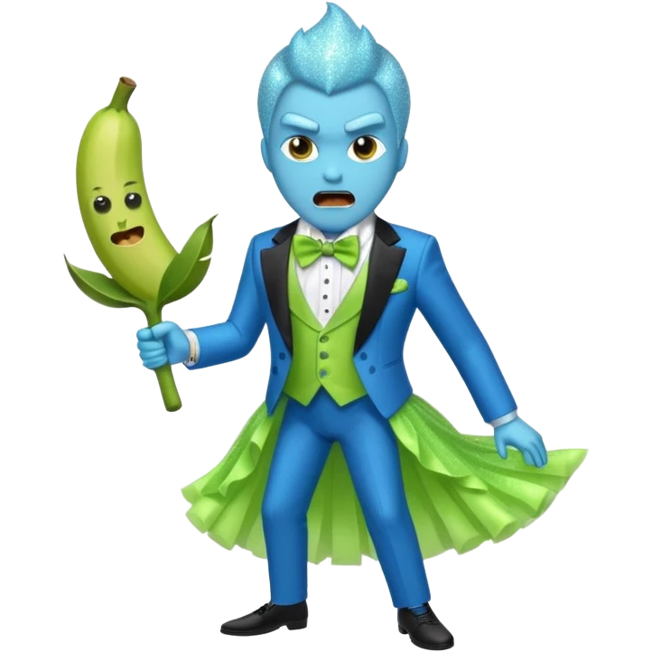 Angry blue banana fruit wearing a sparkly lime green tuxedo and tutu emoji