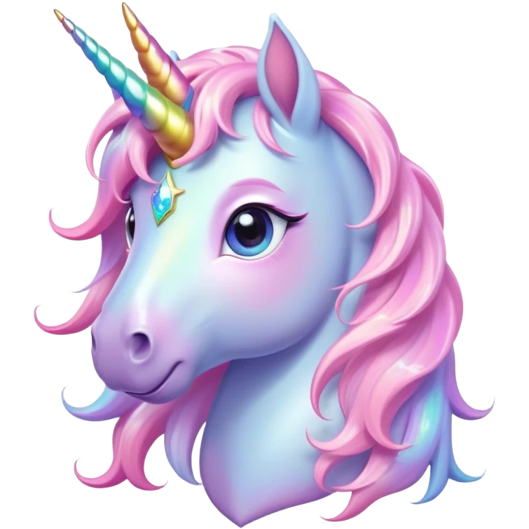 Cinematic pastel-colored unicorn, flowing iridescent mane, big sparkling eyes, tiny rounded hooves, soft chubby cheeks, delicate magical glow surrounding, enchanting and dreamy. emoji