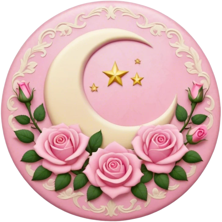 A round pink button with a cream colored crescent damask moon and pink roses in the center emoji