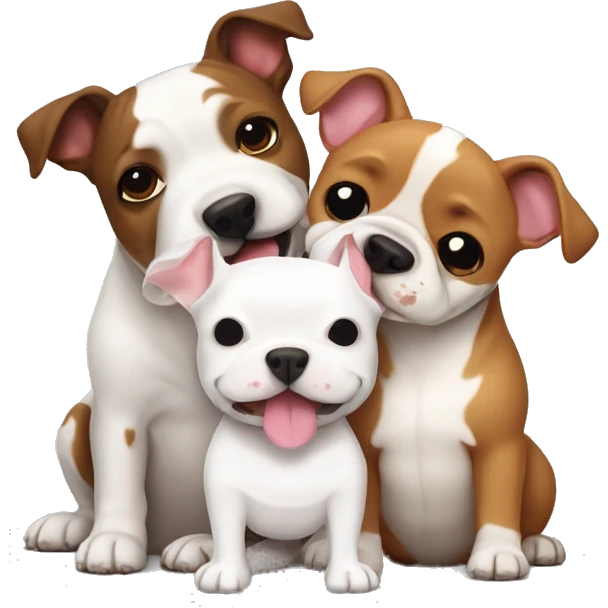 Two dogs, a White Bull terrier, and a brown-and-tan frenchie hugging emoji
