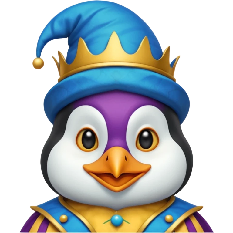 crazy colorful cute little penguin jolly joker, medieval, vintage, court jester, mac os icon, blue color emoji