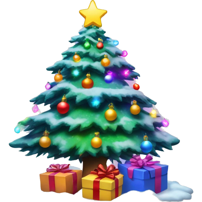 80s Christmas tree with colorful lights, snow on it and presents underneath  emoji