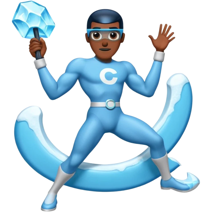 Frozone character in retro stickers style, dynamic pose, icy effects, bold outlines, vibrant colors he says "c'est carré dans l'axe" emoji