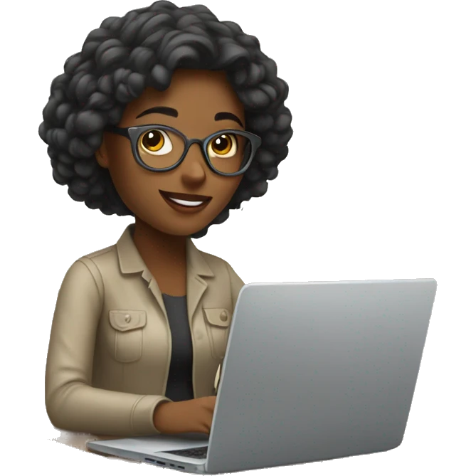 Relaxed young woman working remotely on a laptop. emoji