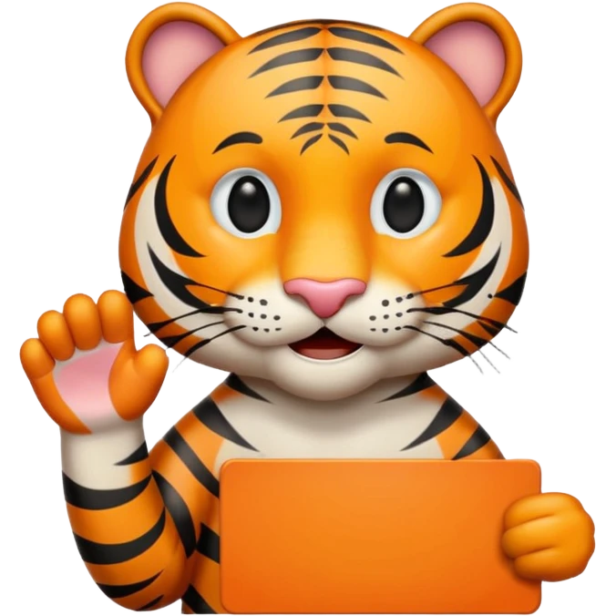 Happy tiger holding a sign that says "Hi Jamie" emoji