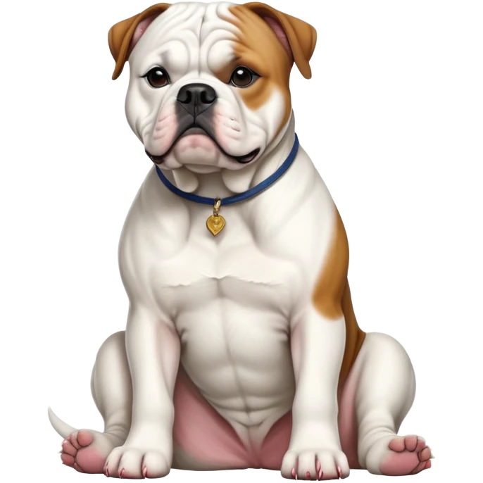 cinematic-[american bulldog]-realistic-full-body-sitting-emoji,-tail-resting-loosely-beside-its-paws,-head-tilted-dramatically,-fluffy-[colour]-fur,-simplified-yet-realistic-focused-features,-highly-detailed,-glowing-with-an-almost-sarcastic-glow emoji