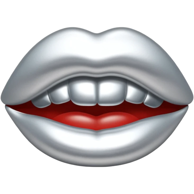 Chrome silver lips emoji, glossy metallic texture, iOS emoji style, smooth reflections, bold but minimal design, centered, silver mouth. all silver emoji
