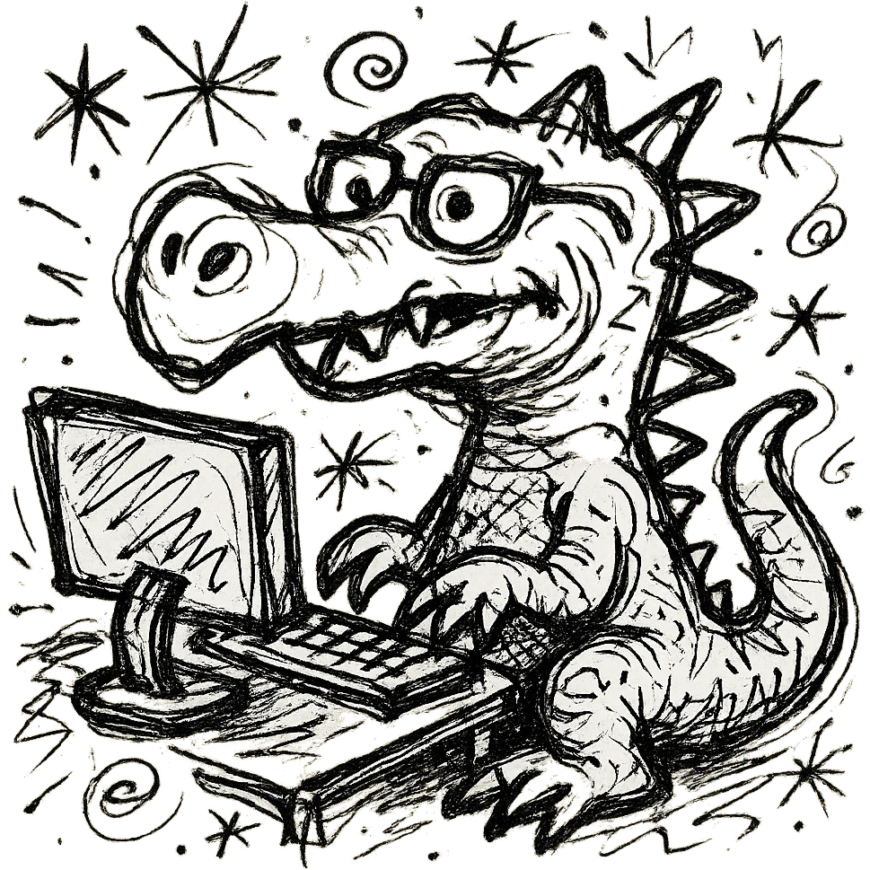 hand-drawn old dinosaur with glasses at a computer emoji
