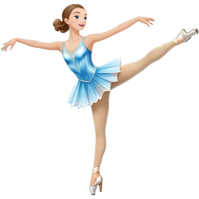 An icon featuring a graceful figure skater performing a spin on the ice. The background includes a grand ice rink palace with shining spotlights and cheering spectators in the stands. Transparent background highlights the elegance and artistry of figure skating emoji