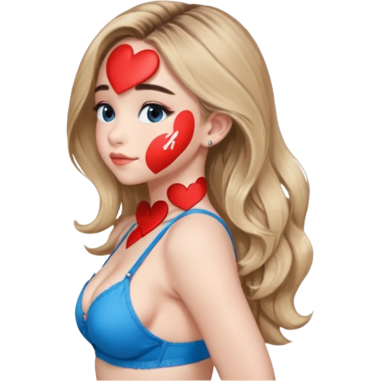 Sabrina carpenter side view with her hands folded and a kiss mark on her back, wearing a blue bra emoji