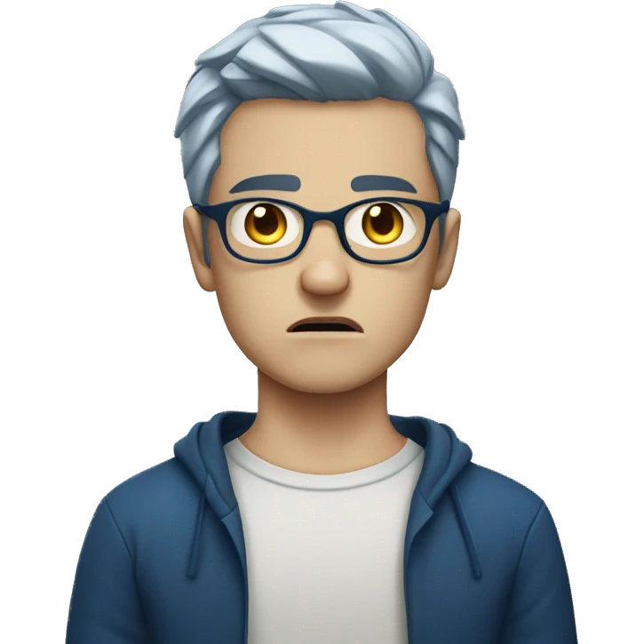 Angry white boy dark blue hair with thin glasses, mouth closed, angry face emoji