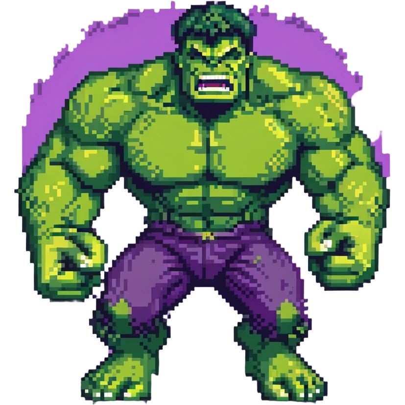 Hulk smashing with powerful fists, green superhero breaking ground, action pose, angry expression, retro video game style emoji